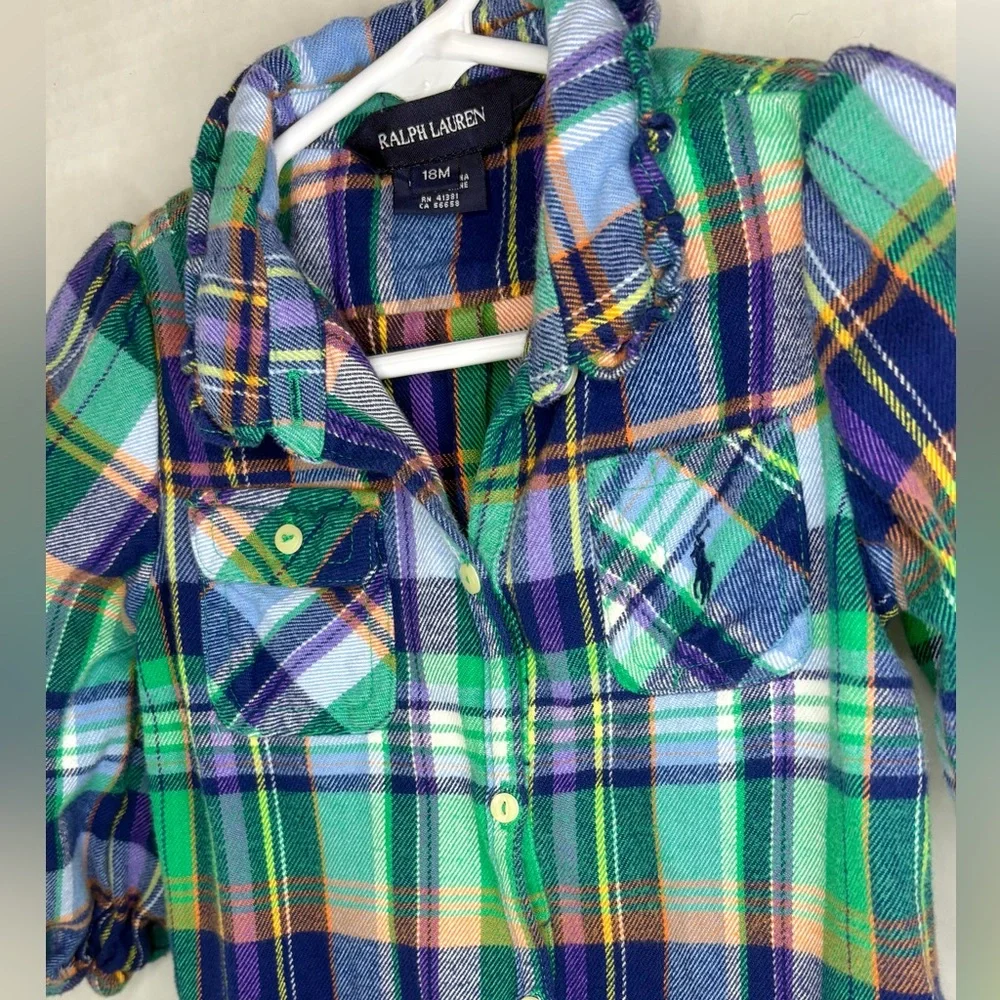 Ralph Lauren Baby Girl Blue/Green Plaid Flannel Ruffle Shirt Dress 18mon